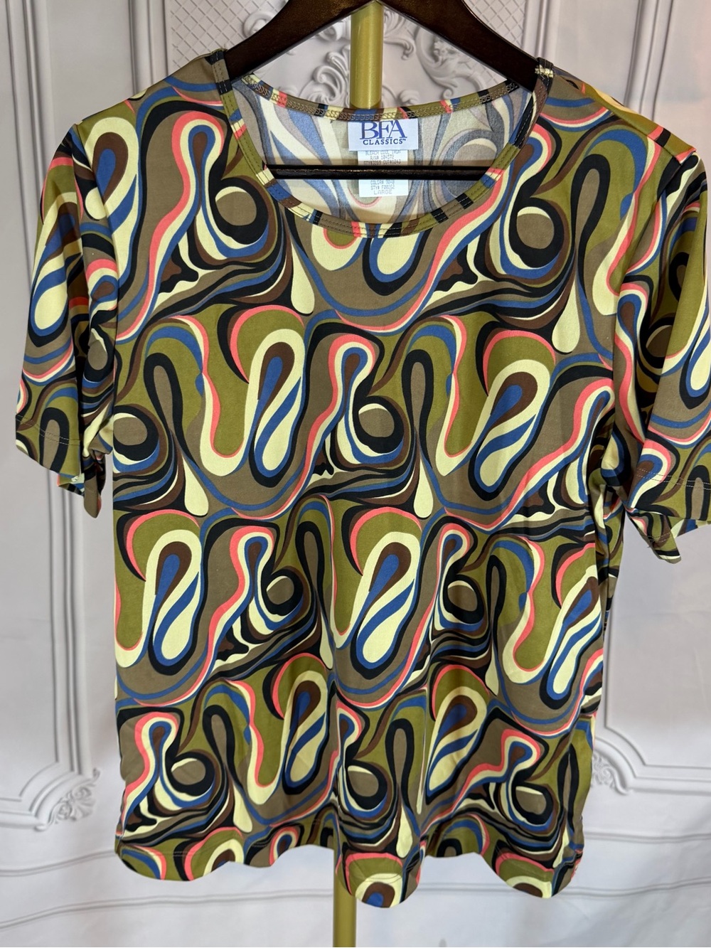 Vintage BFA Classics Top Women’s Size L Vivid Swirl Multicolor Made USA Retro 90